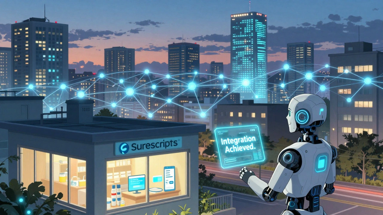 Cityscape with pharmacies and hospitals linked by a network of glowing health data threads.