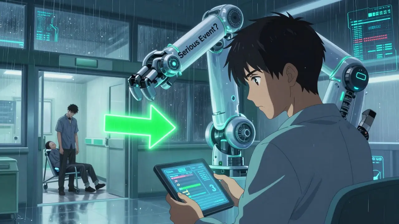 Clinical trial participant confronting a glowing 'Serious Event?' robot arm in a hospital corridor.