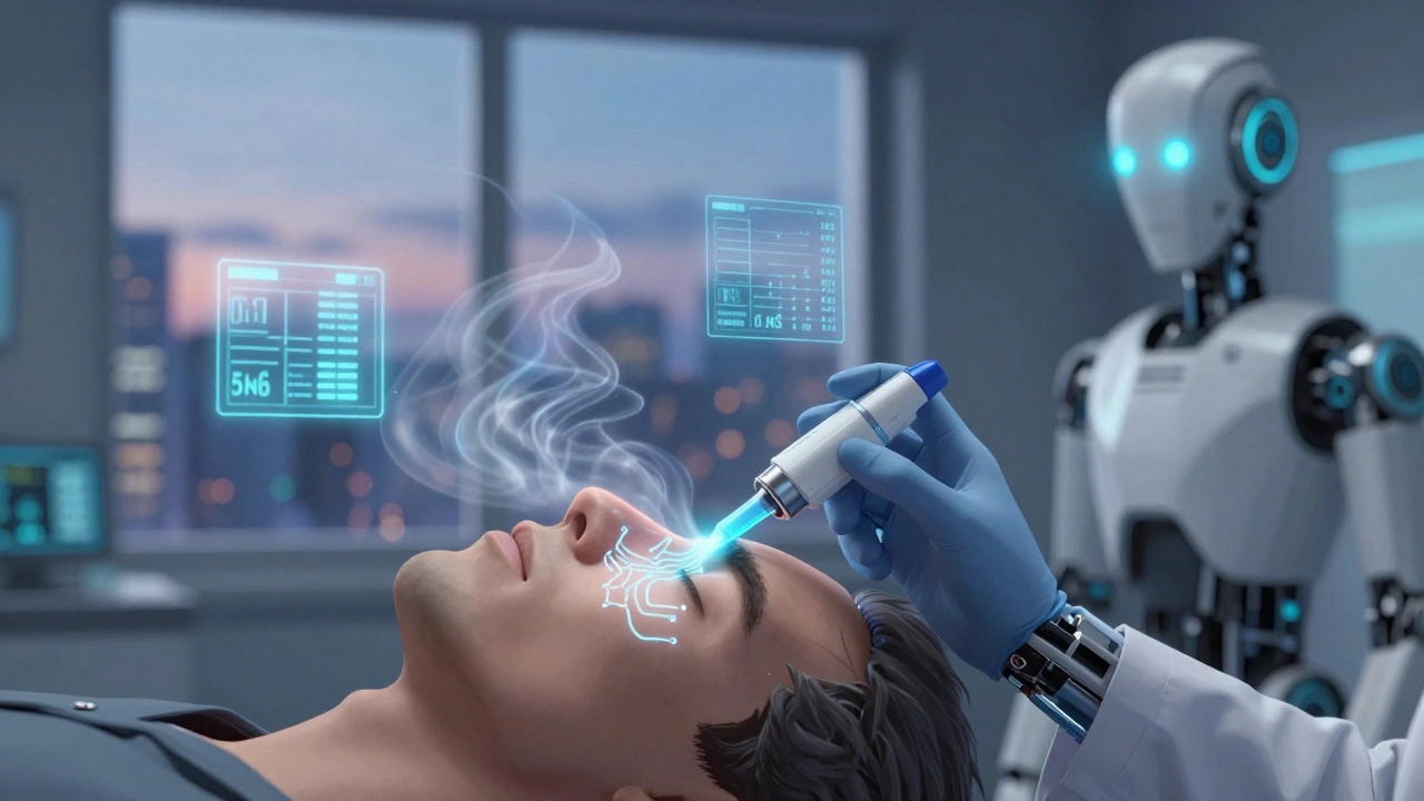 Clinician administering nasal spray as digital vitals and dissociation indicators float around the patient in a quiet room.