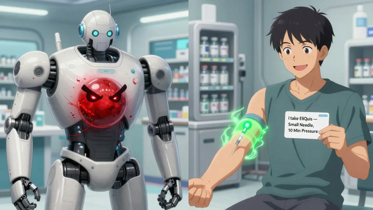 Contrasting images: large bruise vs. no bruise after vaccine, showing correct needle size and pressure technique