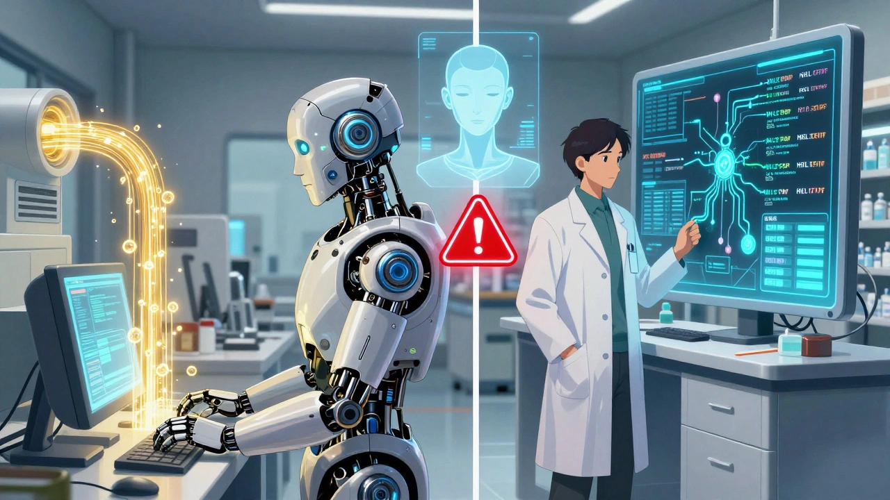 Doctor and pharmacist connected by glowing data streams representing EHR integration standards.