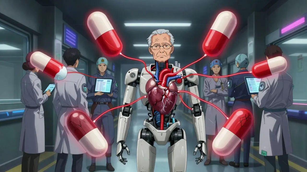Elderly patient surrounded by floating pills connected to damaged organs, doctors ignoring each other in a neon-lit hospital.