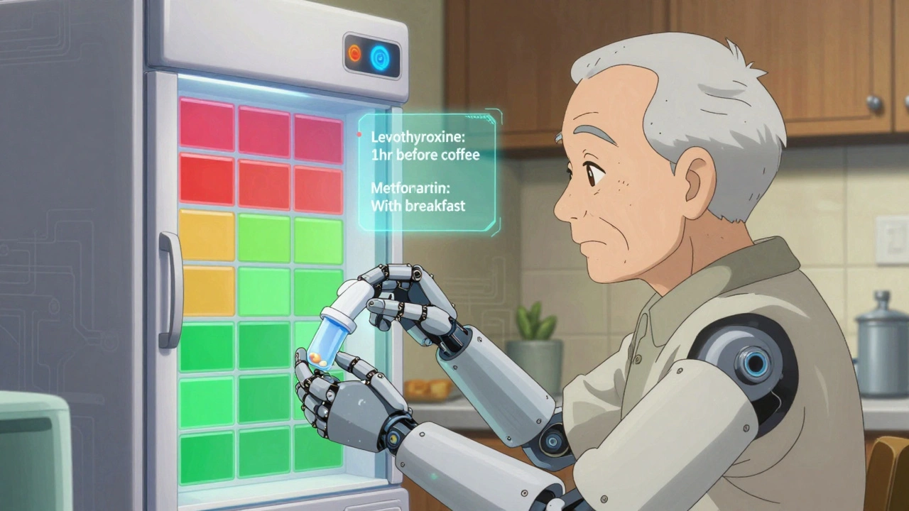 Elderly person using color-coded fridge chart with robotic pill dispenser for medication timing.