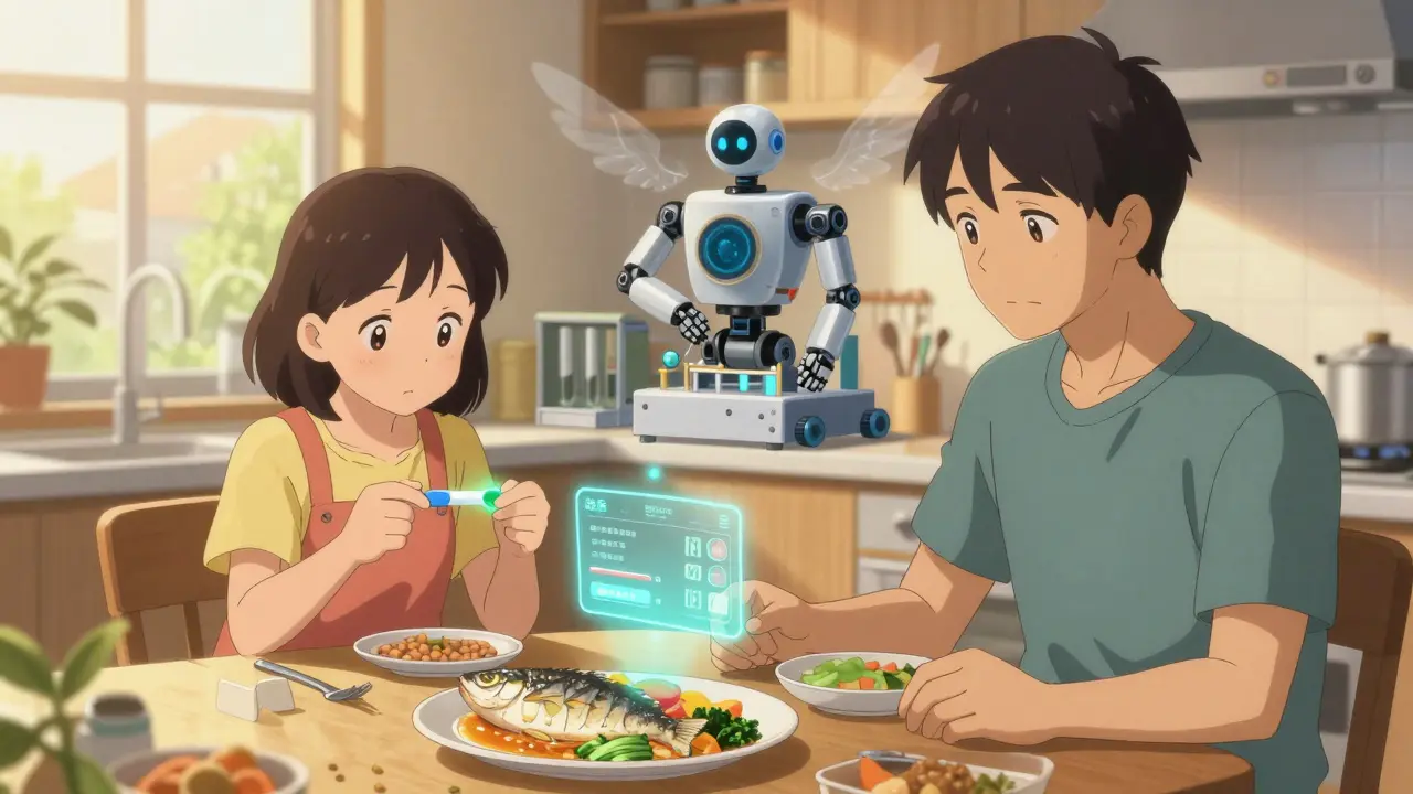 Family in kitchen with glowing urine test and robotic podocyte repairing kidneys in anime robot style.