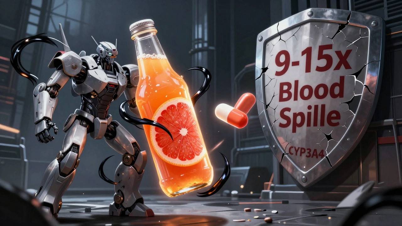 Grapefruit juice and pill in dramatic conflict, energy tendrils showing dangerous drug interaction.