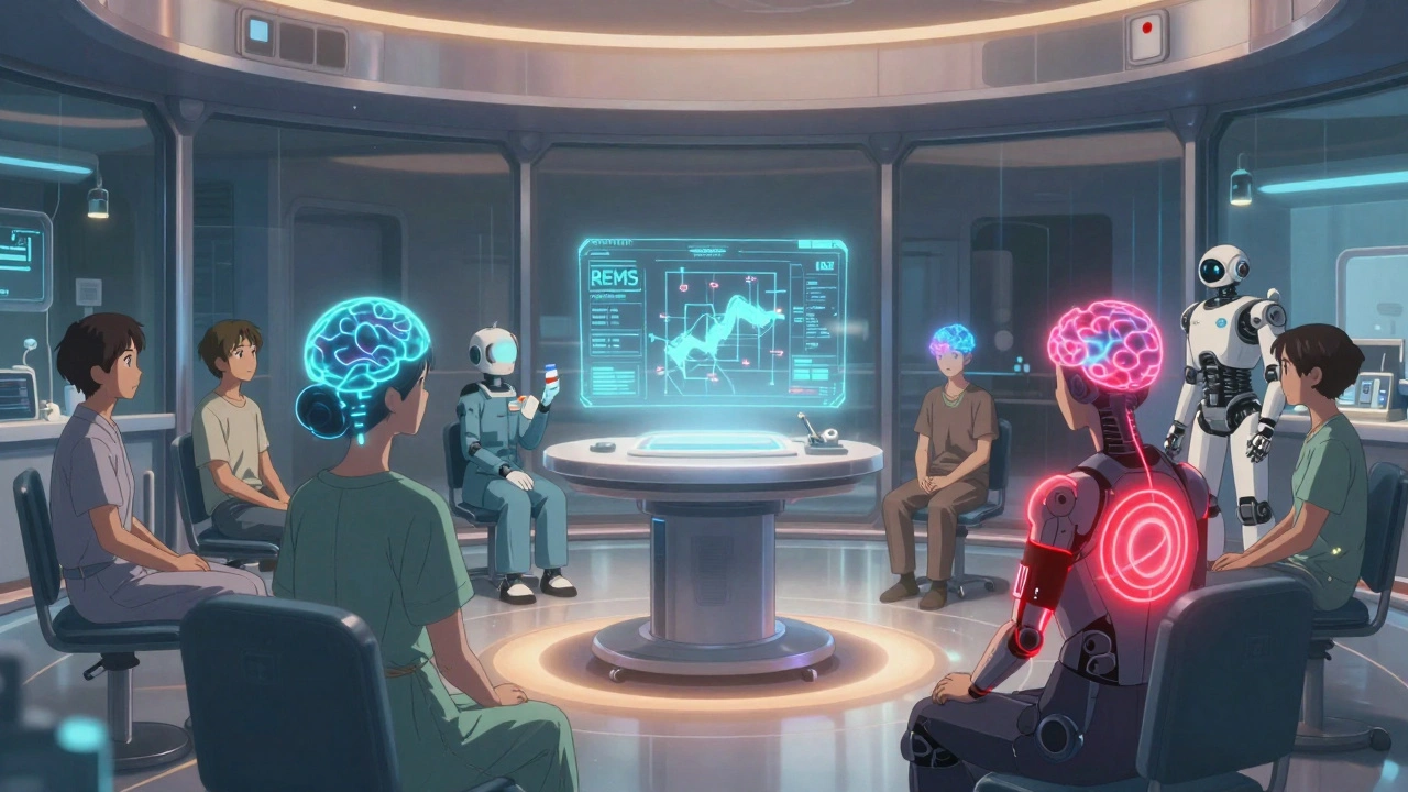 Group of patients in a circular monitoring chamber with glowing auras representing dissociation and blood pressure changes.