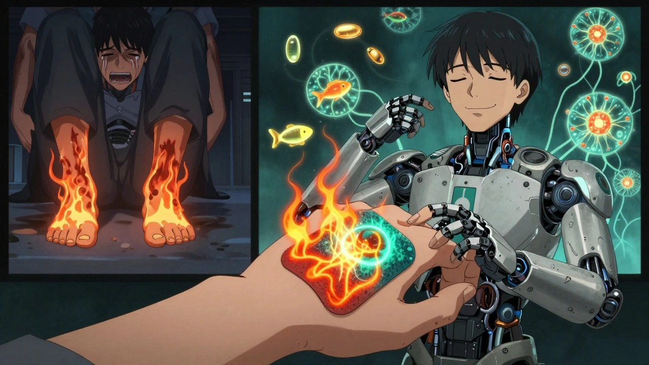 Hand touching capsaicin patch as fiery pain transforms into calm energy, with past and present self shown in split vision