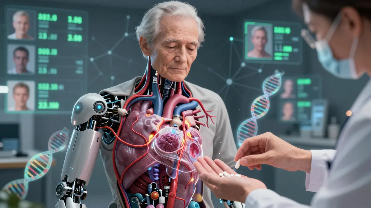 Nanobots repairing a damaged heart with golden nitric oxide veins, DNA strands floating nearby as a doctor hands a pill to an elderly patient.