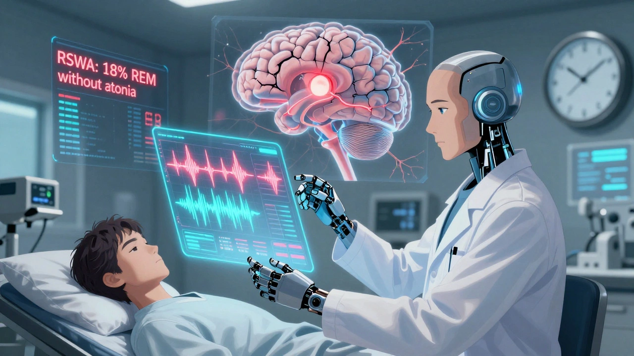 Neurologist analyzing holographic sleep data with a brain showing neurodegenerative decay, highlighting RSWA diagnosis.