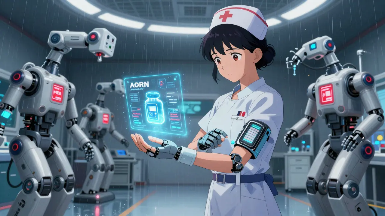 Nurse viewing a holographic surgical medication safety update during an operating procedure.