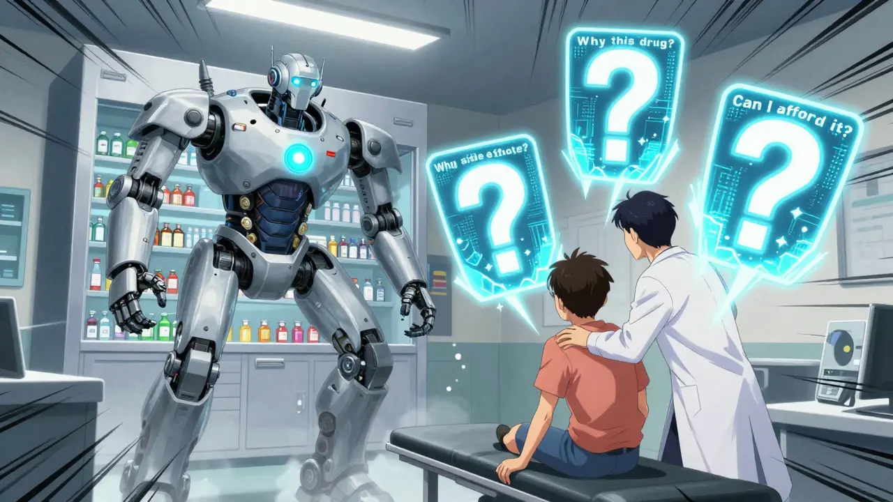 Patient and doctor face off with giant glowing questions between them as a robotic pharmacist appears.