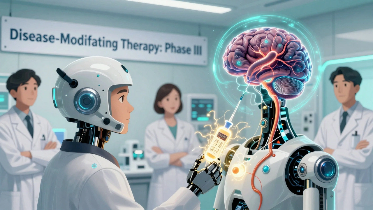 Patient receiving experimental treatment with a glowing molecule halting brain degeneration in a futuristic clinical trial.