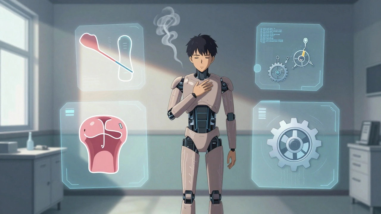 Patient surrounded by floating icons showing disappearing side effects versus stubborn constipation in cyberpunk anime style.