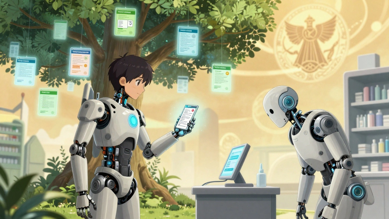 Patient uploading a Medication Guide to a neural implant under a glowing FDA emblem in a futuristic setting.