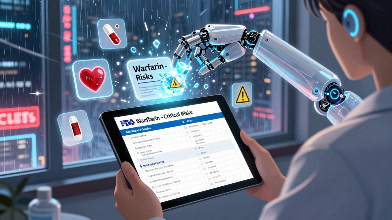 Patient viewing FDA&#039;s Medication Guide database on a tablet as a light robot arm delivers a digital guide.