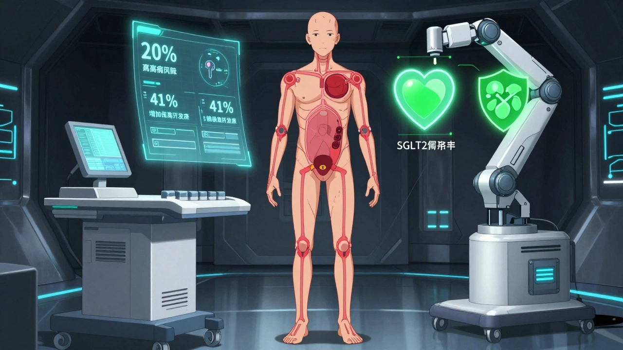 Patient with red warning lines on body, holograms showing heart failure and bladder cancer risks, robotic alternatives glowing green.