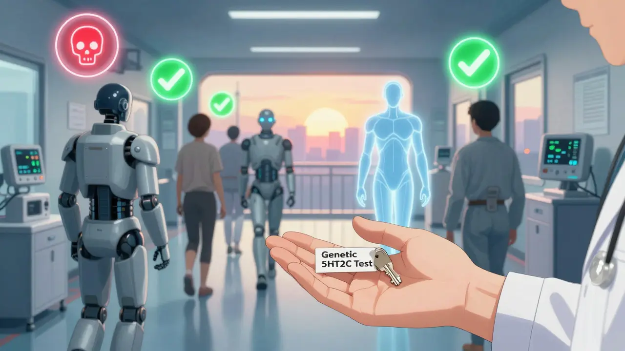 Patients in bio-suits walk past drug icons; a doctor gives a genetic test key as one patient transforms into a lighter form.