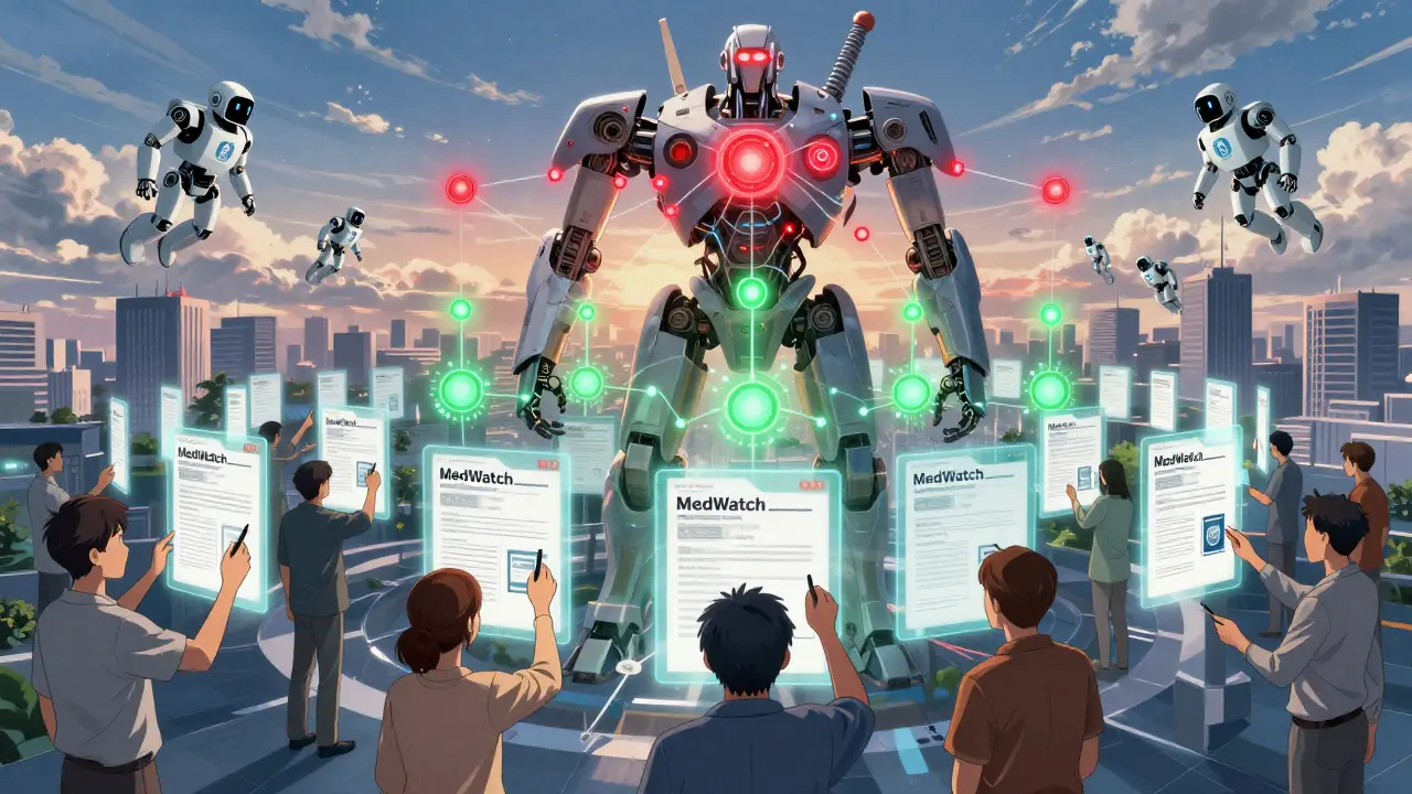 Patients submitting reports that form a protective AI network above a city at dawn.