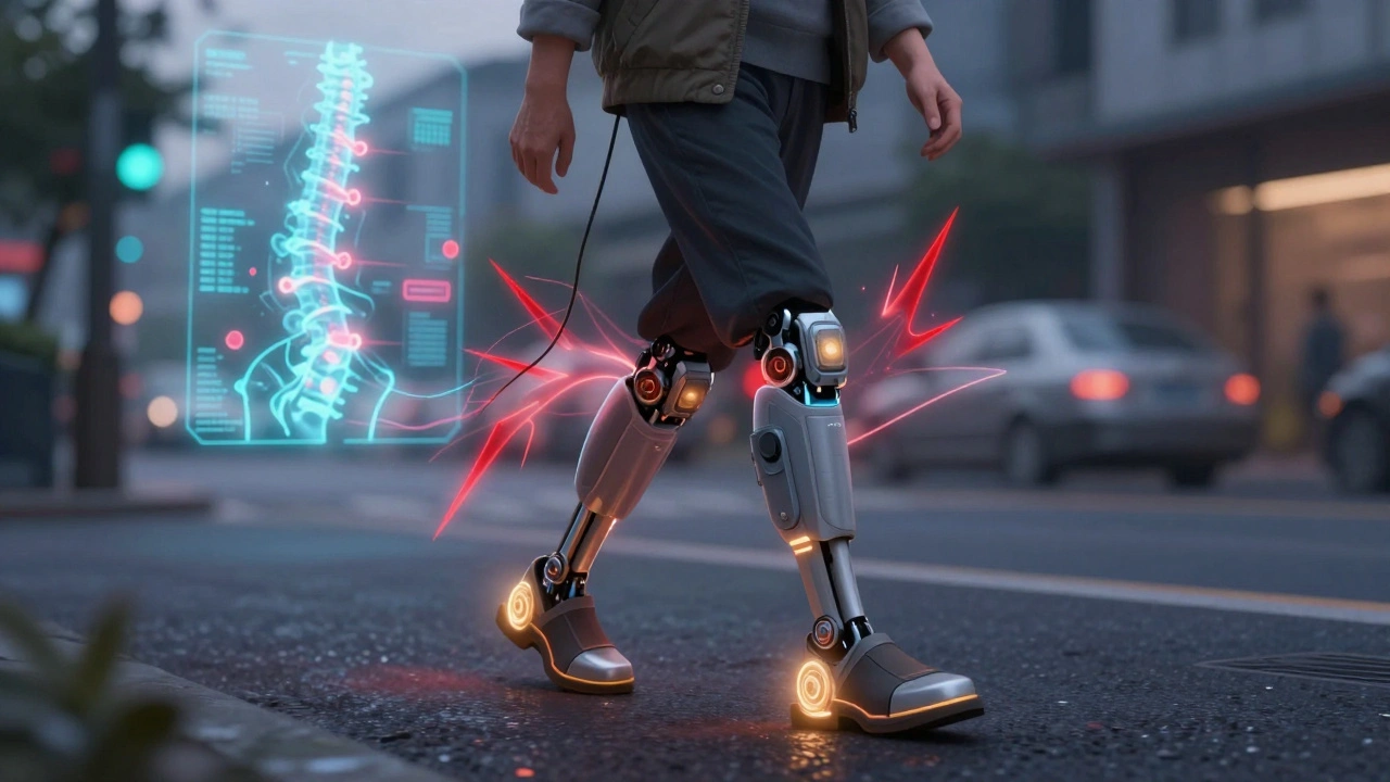 Person walking with glowing orthopedic shoes emitting protective TENS energy waves