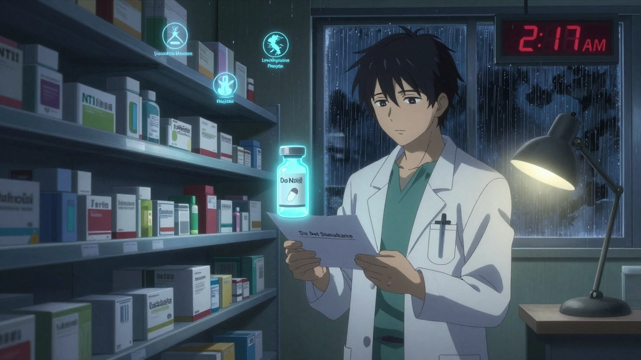 Pharmacist alone at night holding a &#039;Do Not Substitute&#039; letter beside a glowing biosimilar vial under dim light.