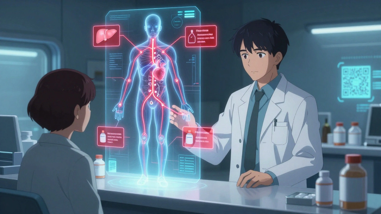 Pharmacist and patient viewing a holographic body with drug interaction warnings.