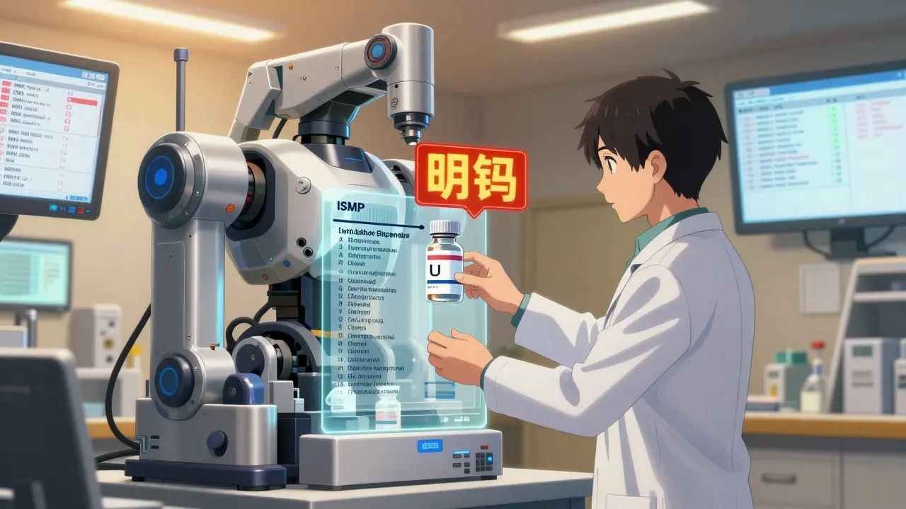 Pharmacist and robotic system isolating a dangerously mislabeled syringe with error-prone abbreviations.