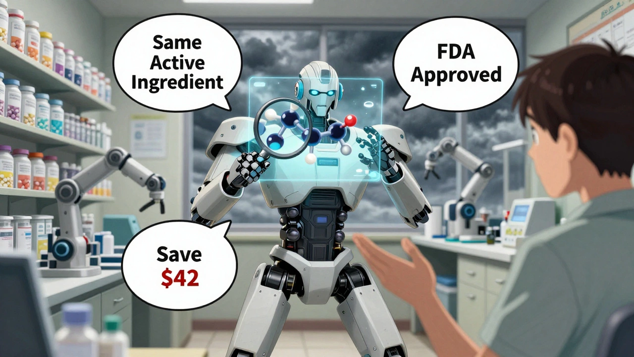 Pharmacist explaining generic drugs to a patient using holographic molecular images and floating educational panels.