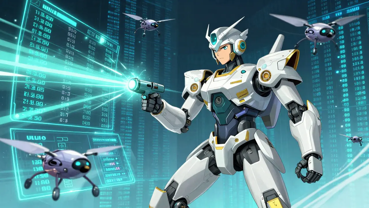 Pharmacist pilot in a mech deactivating dangerous drug interactions within a digital health record battlefield.