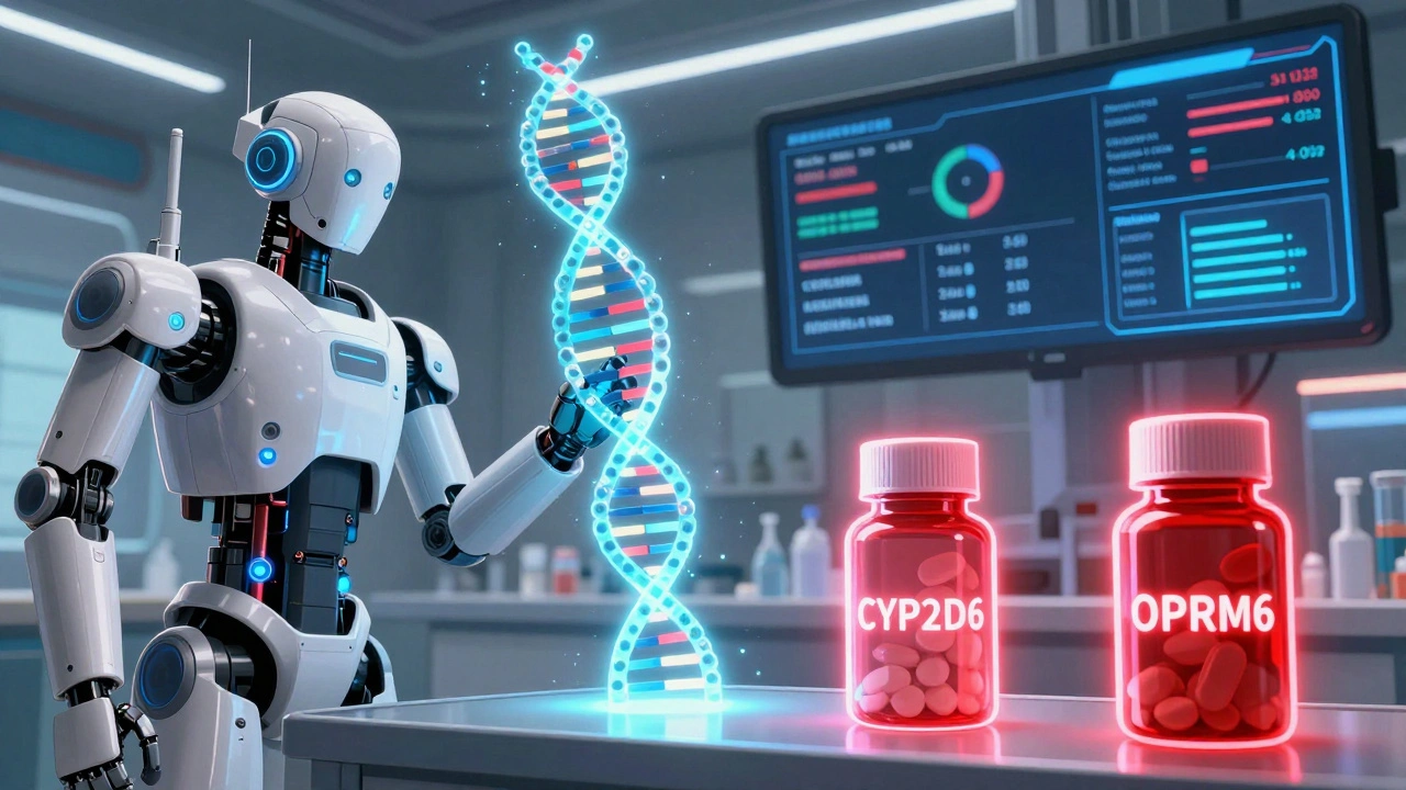 Robot analyzing genetic code with glowing gene segments predicting drug tolerance differences in high-tech clinic.