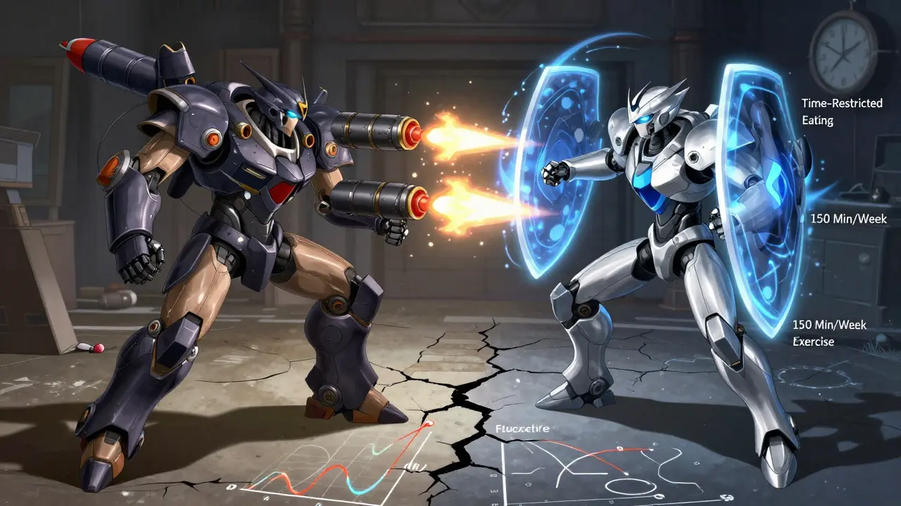 Robotic avatars battling—one representing paroxetine with carb missiles, the other fluoxetine defending with lifestyle shields.