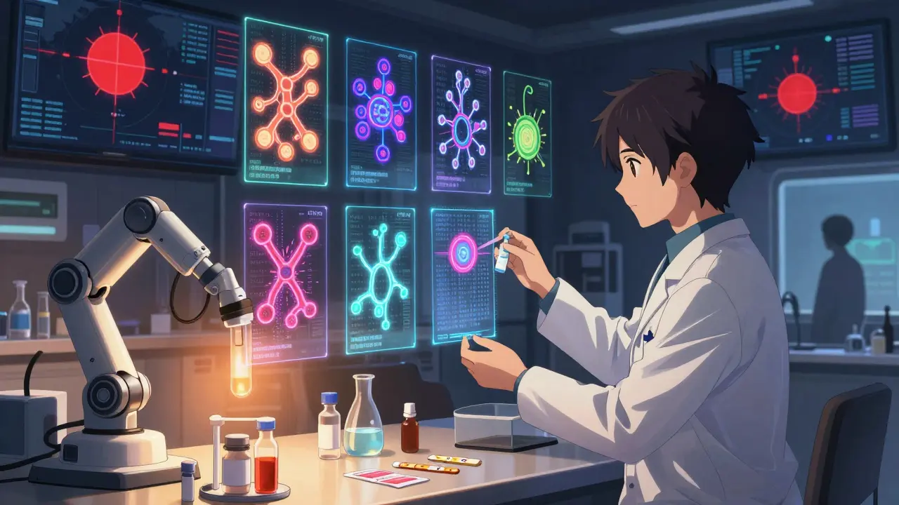 Scientists analyzing CVID genetic subtypes in a lab with holograms and robotic therapy preparation.