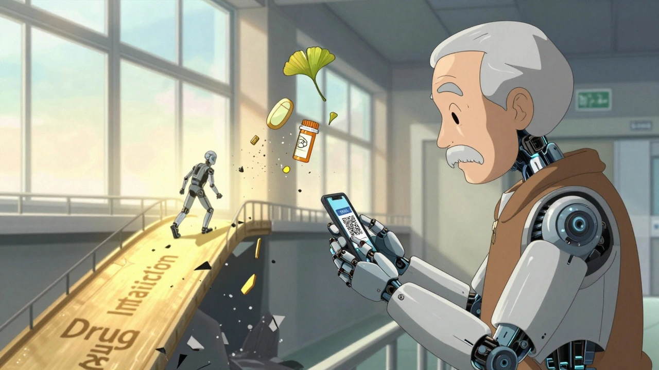 Senior scanning QR code on medicine bottle, safe path animation glowing beside them.