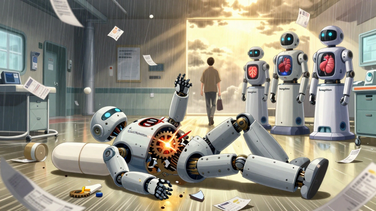 Shattered pioglitazone robot with broken parts, new drug robots standing tall protecting a patient, sunlight breaking through.