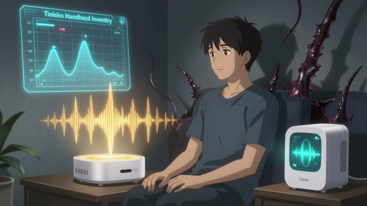 Someone calmly receiving sound therapy from a high-tech device as phantom noise fades away.