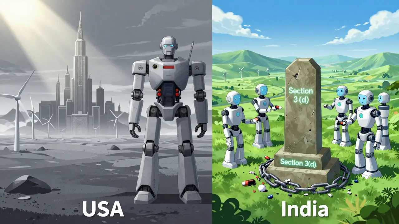 Split landscape: a patent-blocked wasteland vs. a free medicine valley with a shattered patent chain at its center.