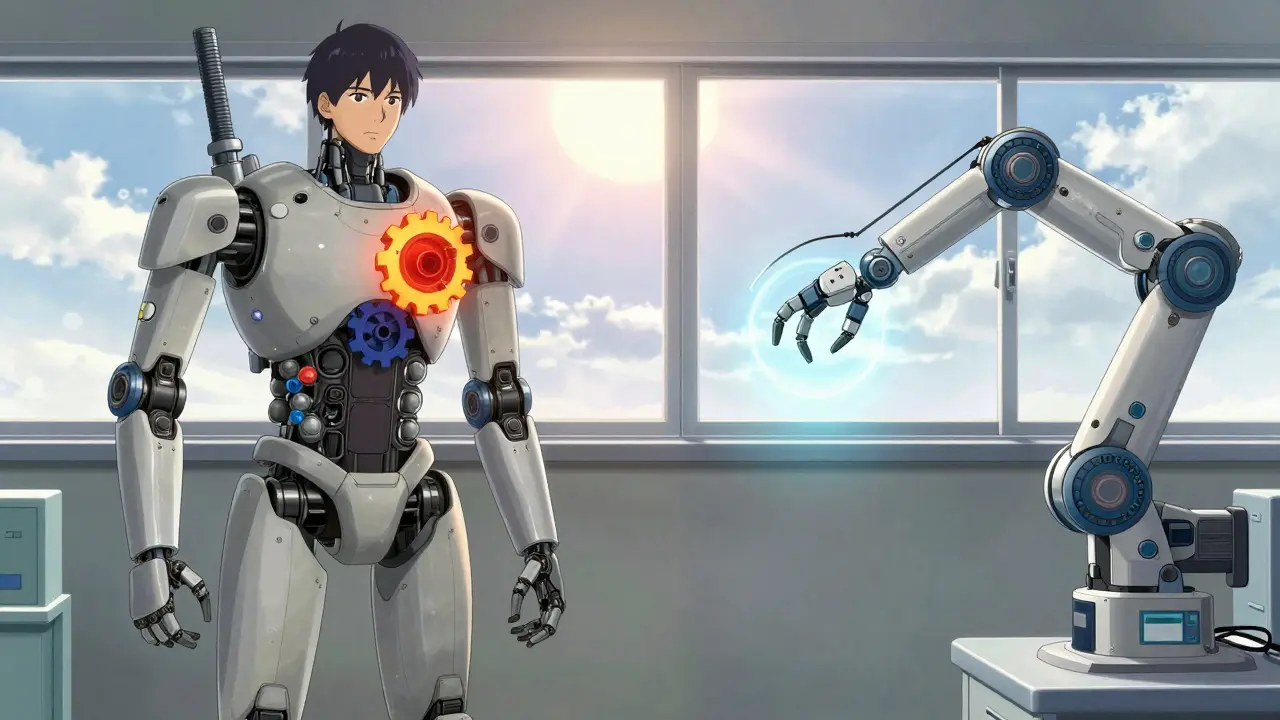 Split scene: slow mechanical regulation vs. rapid robotic interception of inflammation signals.