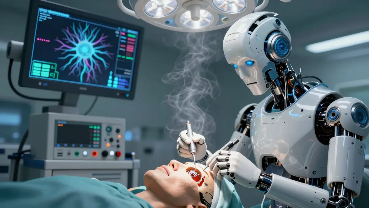 Surgeon placing implant receiver-stimulator with robotic tools during surgery.