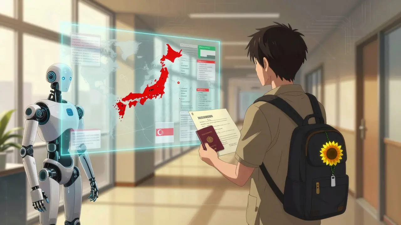 Traveler in embassy receiving digital global medication law map with sunflower lanyard.