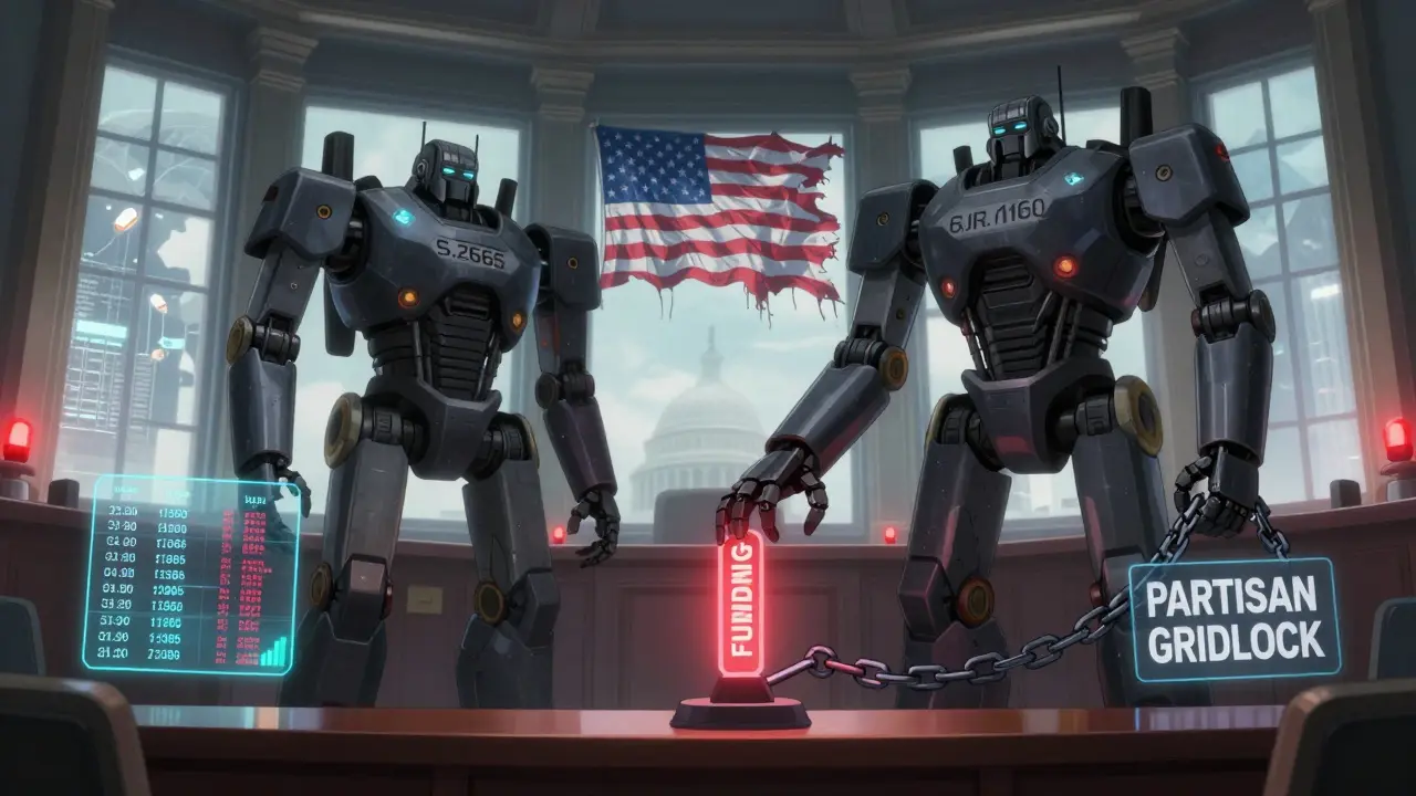 Two frozen robotic bills stand in a dark Congress chamber surrounded by data streams of healthcare crises.