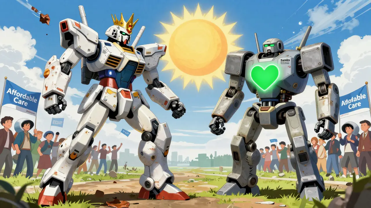 A branded drug mech decays as a modular generic mech glows with a green heart, symbolizing affordable care.