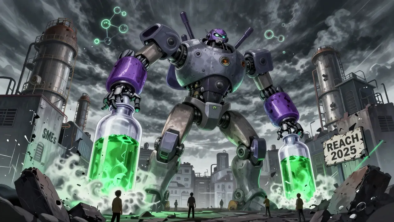 A chemical robot transforms toxic vials into clean liquid as factories crumble around it.