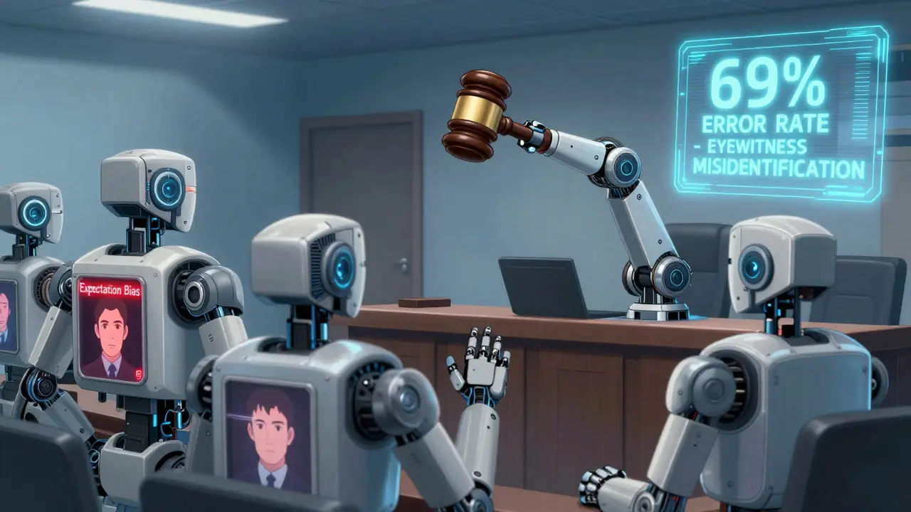 A courtroom with robotic jurors displaying cognitive biases, casting distorted projections of a defendant.