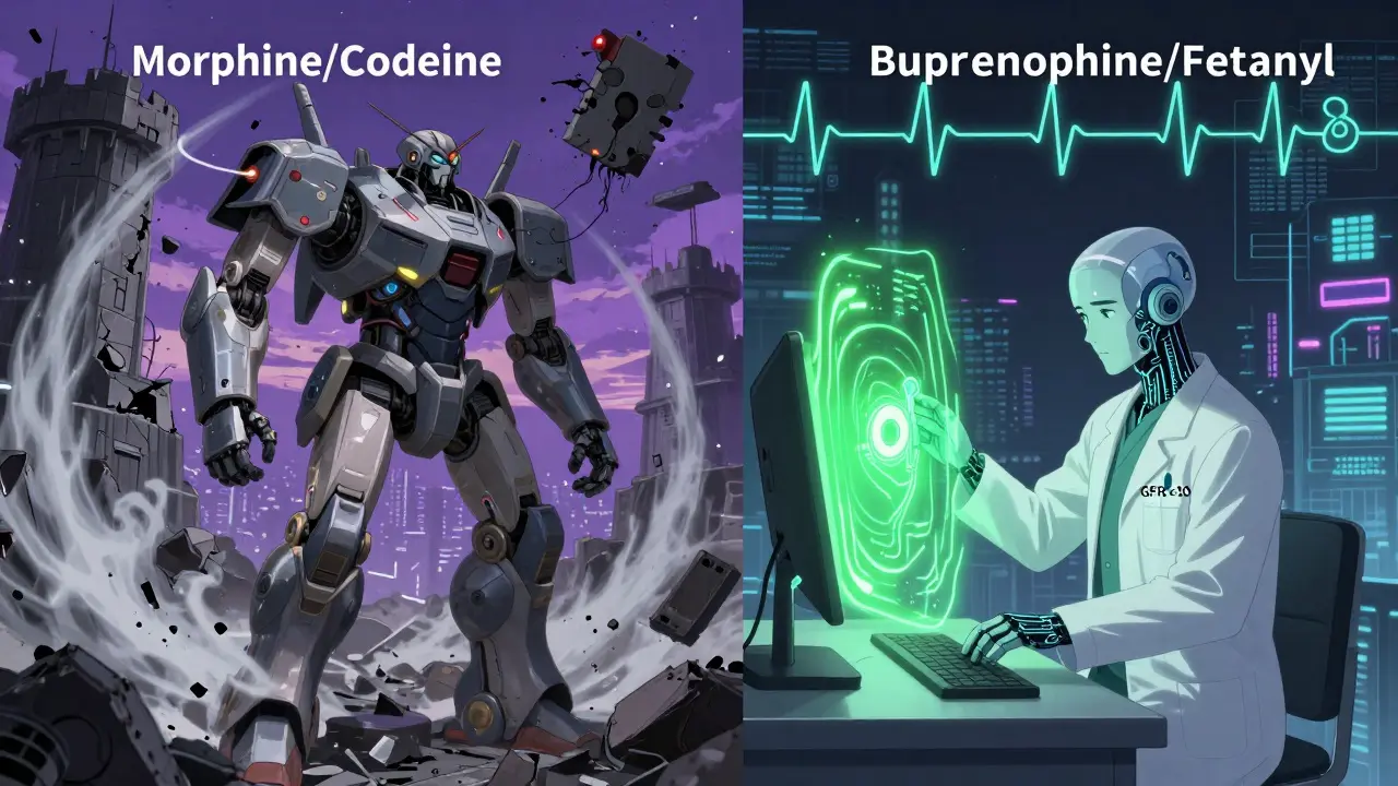 A cybernetic battlefield contrasts collapsing unsafe opioids with shielded safe alternatives under GFR indicators.