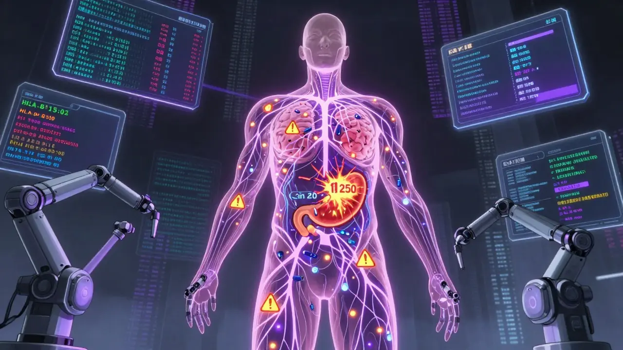 A digital brain-scape shows GLP-1 agonist molecules triggering a gastric obstruction warning amid floating genetic codes.