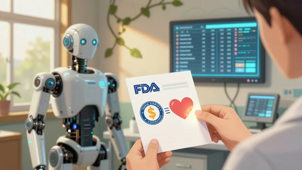 A doctor gives a patient an illustrated handout while a robotic assistant projects data showing thousands of stable generic users.