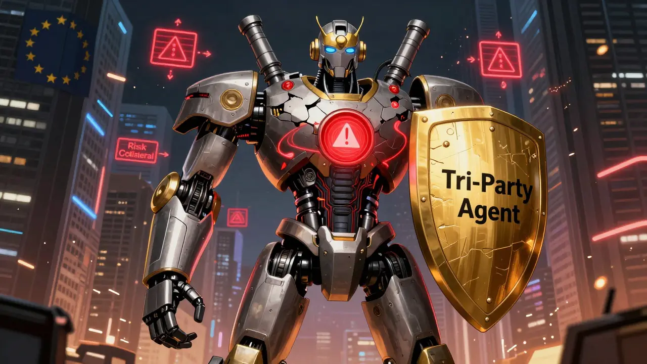 A giant financial robot replaces risky bonds with a golden shield amid cyberpunk skyscrapers.