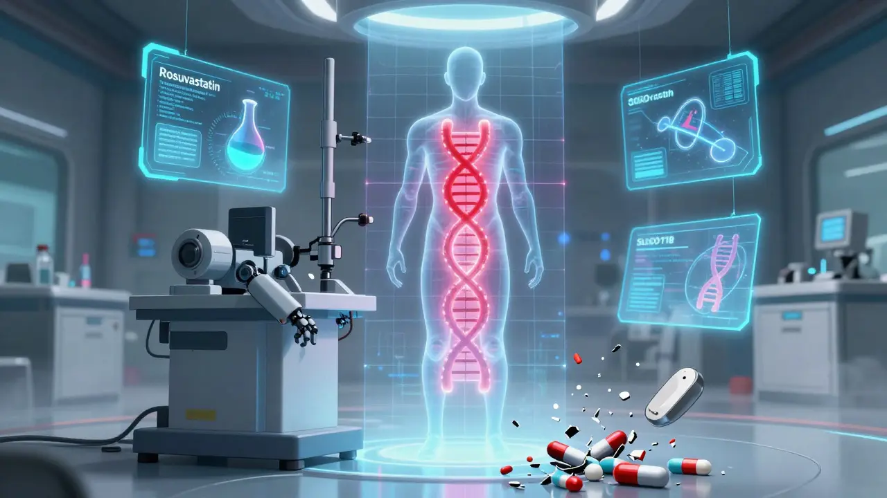 A human silhouette reveals a dangerous gene variant while safe statins glow blue, broken pills at their feet.