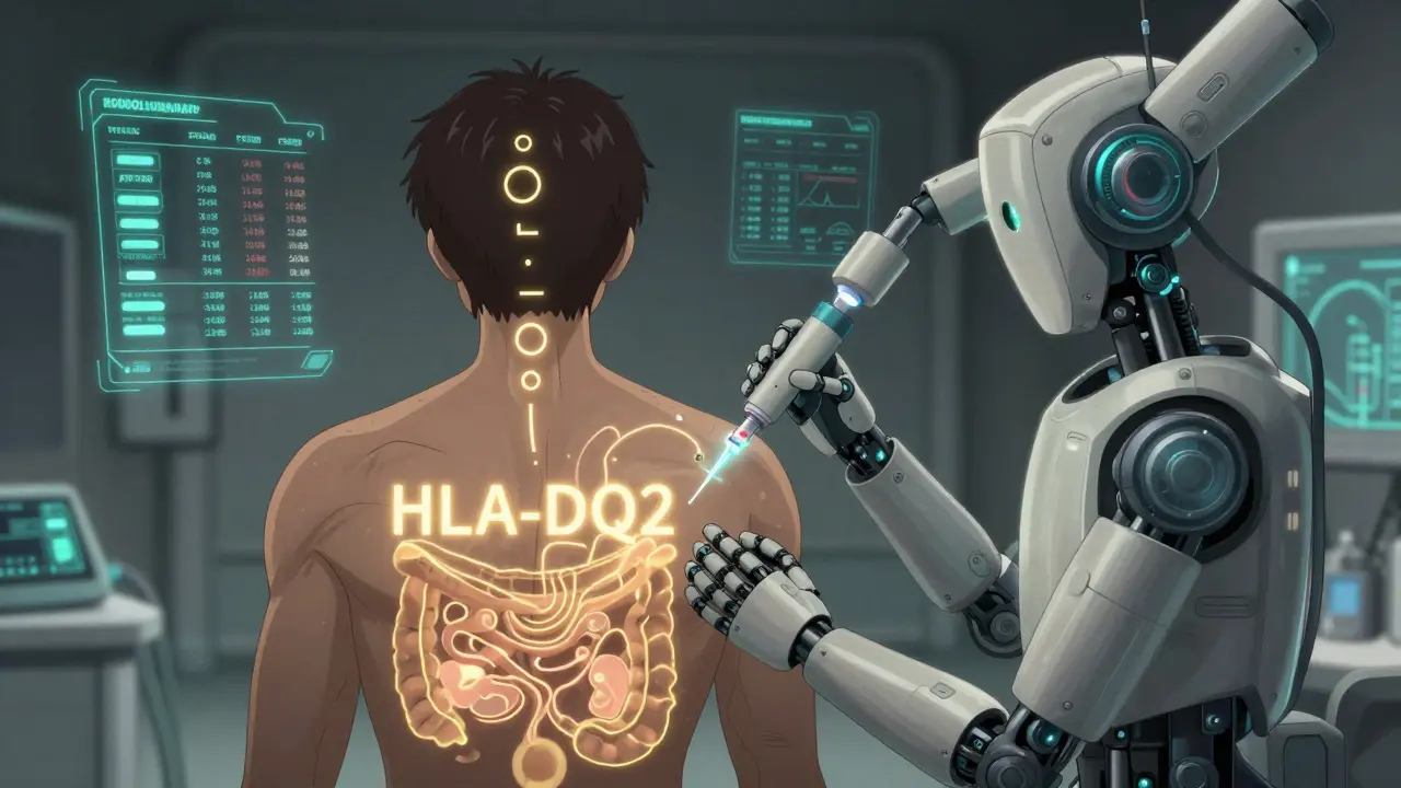 A medical scanner detecting genetic markers as glowing runes, while a robotic arm administers vedolizumab with circuit-like tendrils entering the gut.