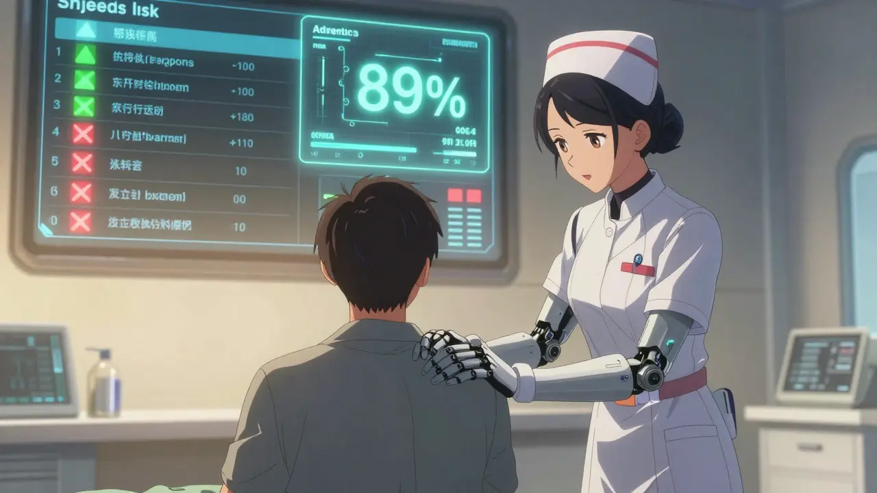 A nurse comforts a patient as a digital wall shows formulary changes and an AI predicts medication adherence.