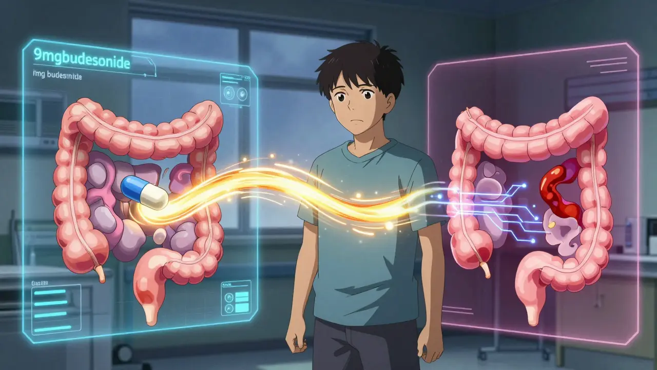 A patient facing a hologram of budesonide releasing targeted anti-inflammatory energy into the colon, with healthy and inflamed tissue对比.